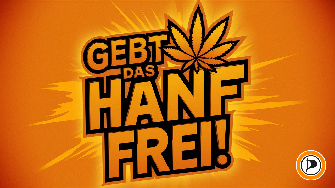 Text: Gebt das Hanf frei! + Cannabis Blatt + PIRATEN Logo